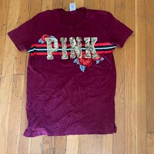Victoria’s Secret pink bling tee shirt roses rose maroon  NWOT Burgundy oversize